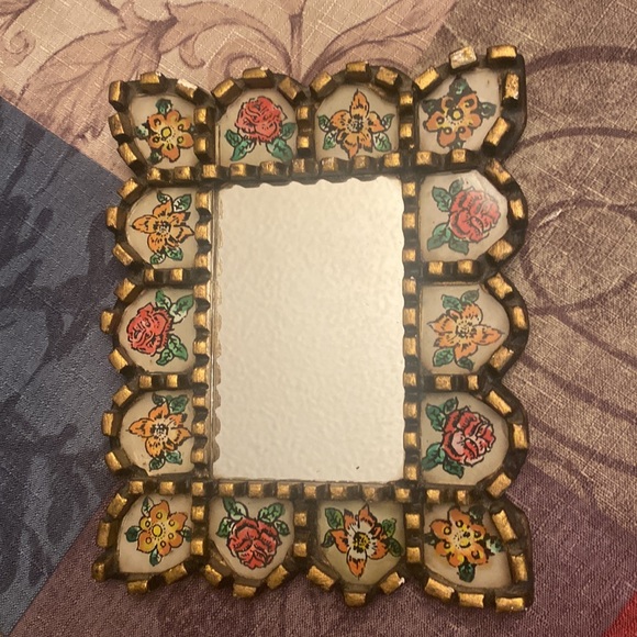 unbranded Other - Peruvian Small Mirror Handcrafted Wood Flowers Bronze Leaf